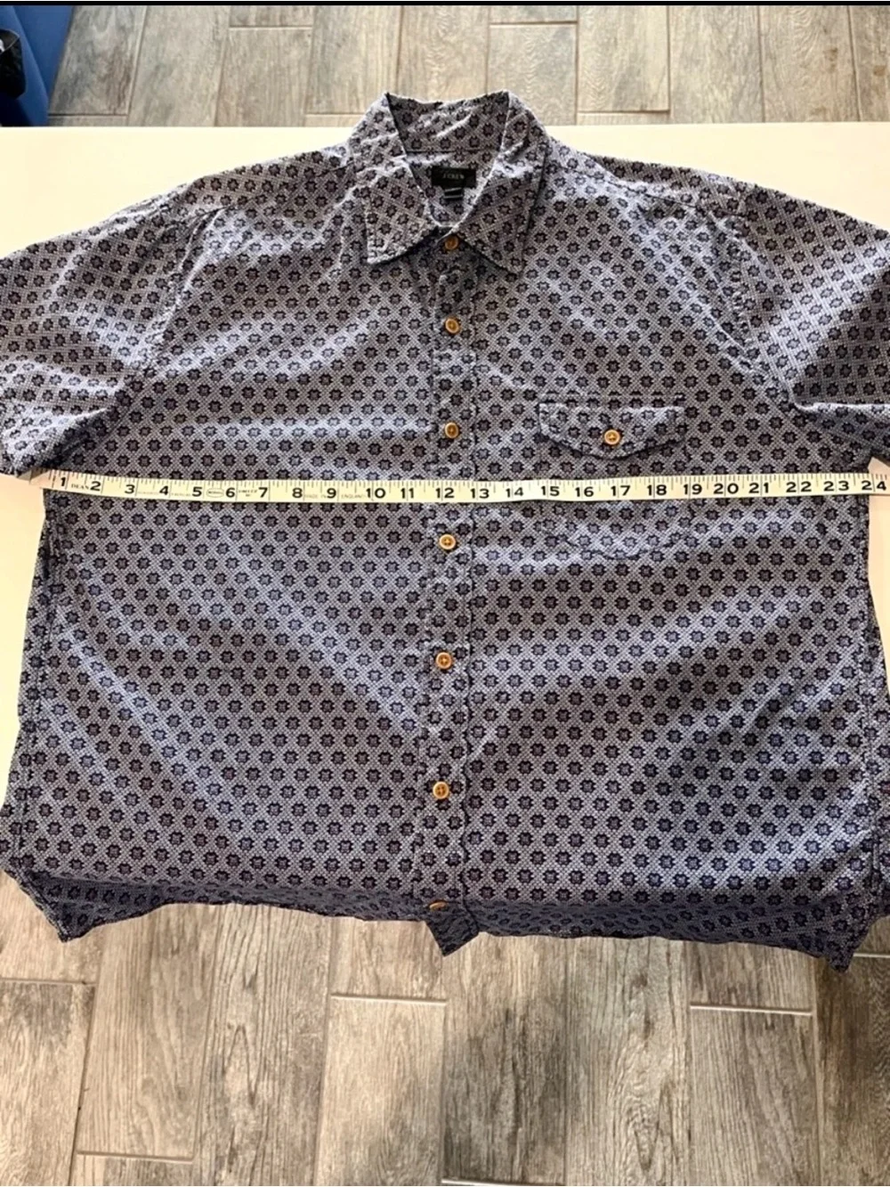 Men's Blue Geometric Tile Short Sleeve Cotton Button Down Shirt L